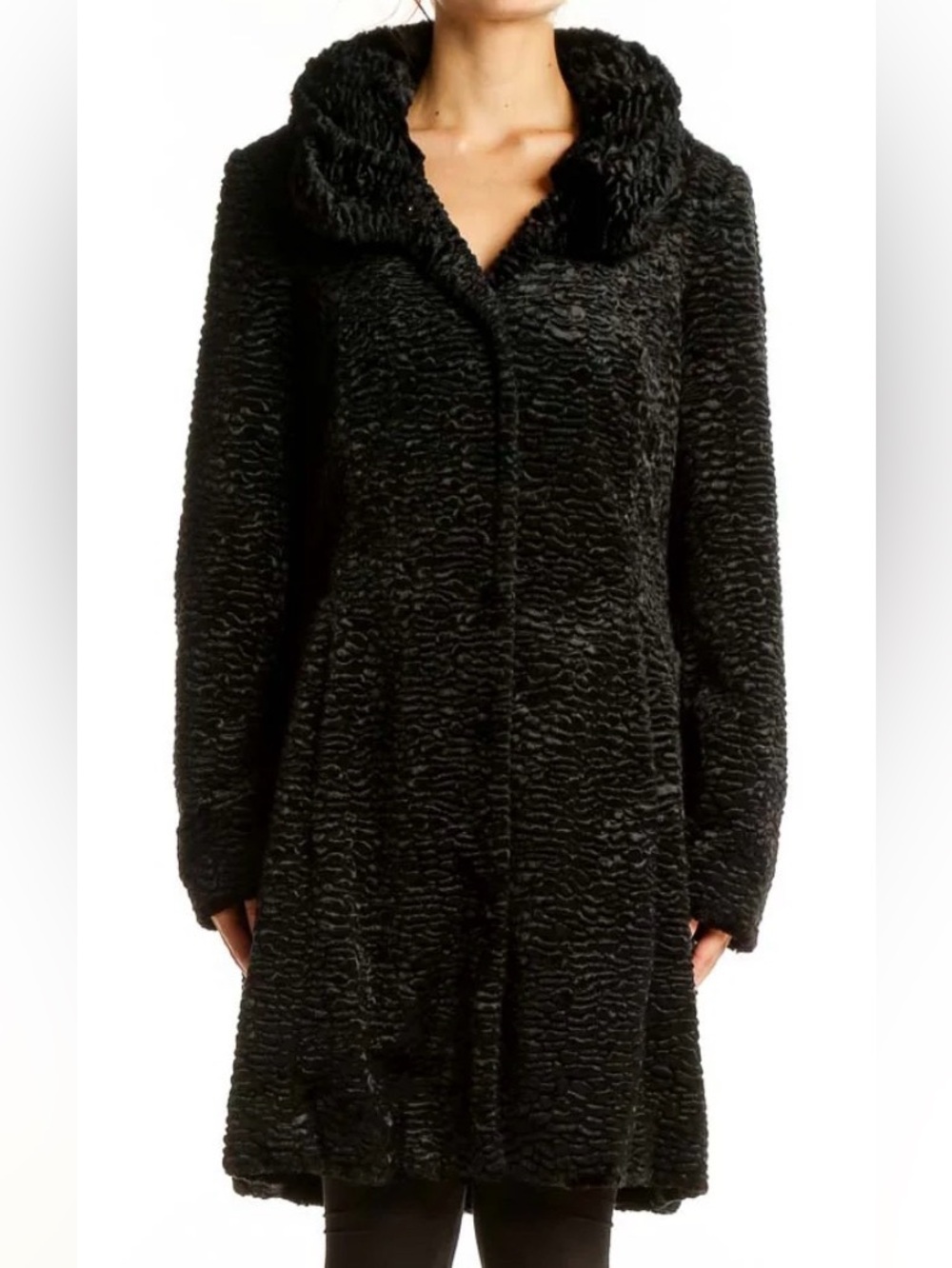 White House Black Market Black Textured Faux Fur Coat Size M